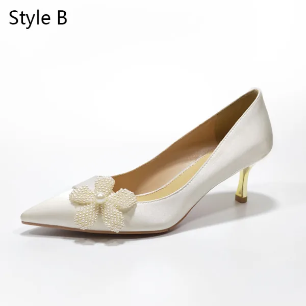 Elegant Ivory Wedding Shoes 2020 Leather Pearl Flower 5 cm Stiletto Heels Pointed Toe Wedding Pumps