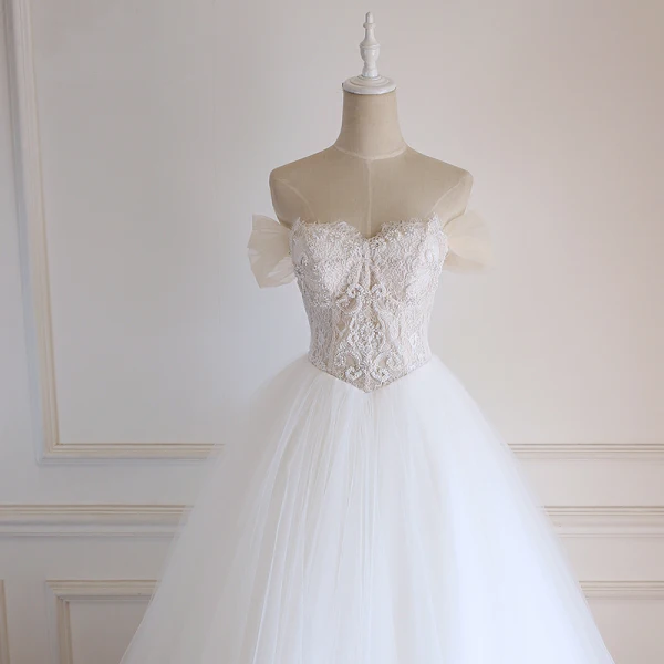 Chic / Beautiful White Wedding Dresses 2018 Ball Gown Lace Flower Beading Pearl Rhinestone Detachable Off-The-Shoulder Backless Sleeveless Floor-Length / Long Wedding