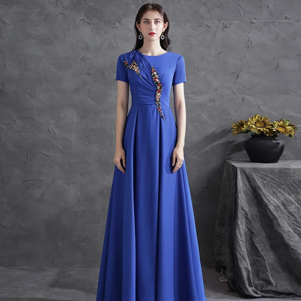 Modest  Grey Crystal Rhinestone Satin Evening Dresses  2021 A-Line / Princess Scoop Neck Short Sleeve Floor-Length / Long Evening Party Formal Dresses