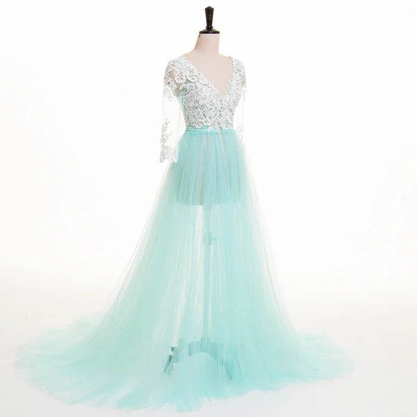 Chic / Beautiful Pool Blue Summer Evening Dresses  2018 A-Line / Princess Pierced Lace Appliques V-Neck 3/4 Sleeve Sweep Train Formal Dresses