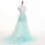 Chic / Beautiful Pool Blue Summer Evening Dresses  2018 A-Line / Princess Pierced Lace Appliques V-Neck 3/4 Sleeve Sweep Train Formal Dresses
