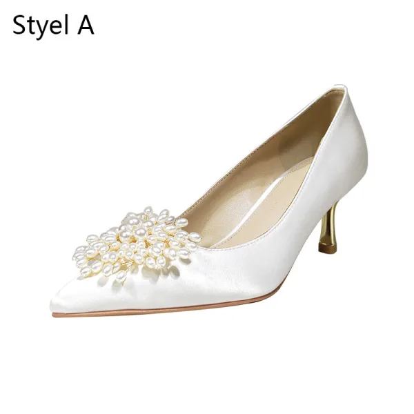 Elegant Ivory Satin Pearl Wedding Shoes 2020 Leather 5 cm Stiletto Heels Pointed Toe Wedding Pumps