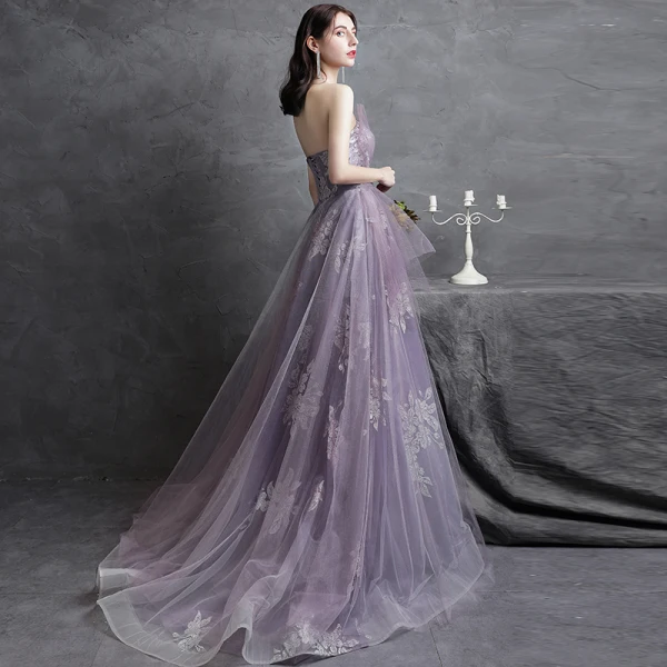 Chic / Beautiful Purple Prom Dresses Evening Dresses 2021 A-Line / Princess Strapless Sequins Lace Flower Sleeveless Backless Sweep Train Evening Party Formal Dresses