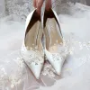 Romantic Ivory Satin Wedding Shoes 2020 Leather Pearl Flower 7 cm Stiletto Heels Pointed Toe Wedding Pumps