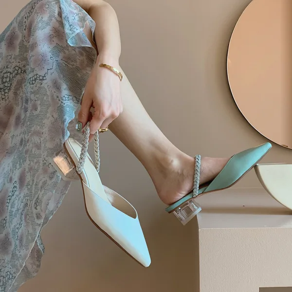 Schlicht Weiß Freizeit Leder Sandalen Damen 2020 Strass 4 cm Low Heel Spitzschuh Sandaletten