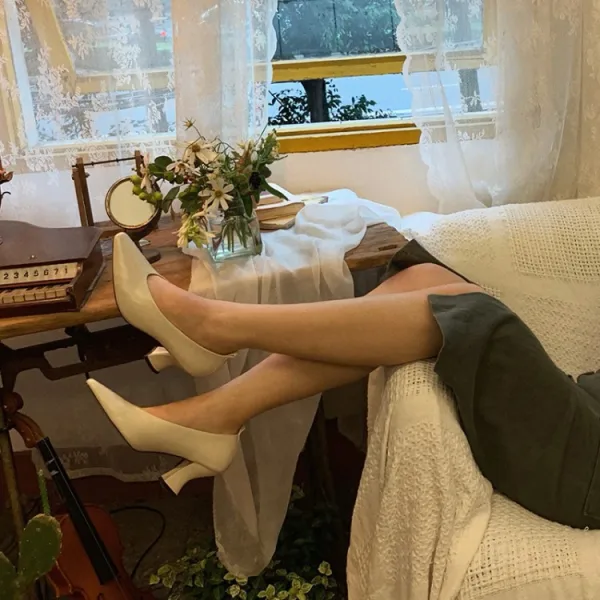 Proste / Simple Kość Słoniowa Biuro OL Skórzany Czółenka 2020 5 cm Grubym Obcasie Kwadratowe Czółenka