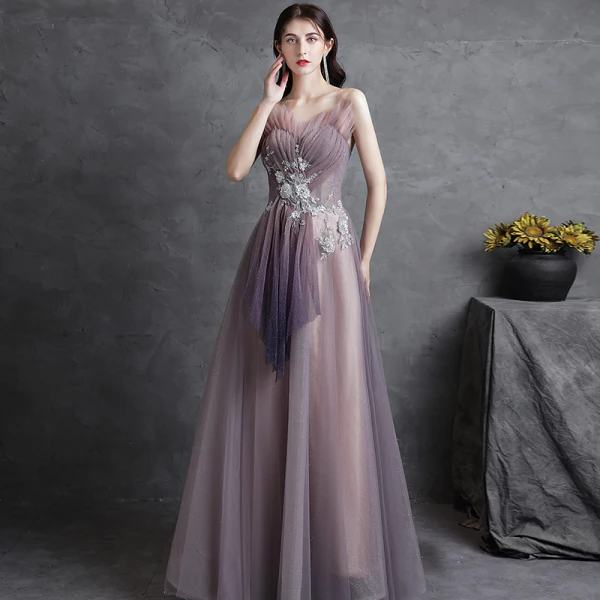 Charming Purple Lace Flower Evening Dresses Prom Dresses 2021 A-Line / Princess Ruffle Strapless Sequins Sleeveless Backless Floor-Length / Long Evening Party Prom Formal Dresses