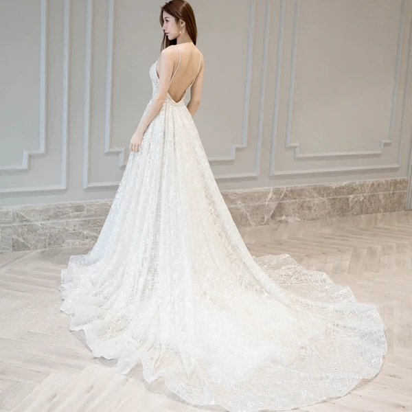 Sexy Ivoire Robe De Mariée 2018 Princesse Appliques En Dentelle Avec Châle Détachable Bretelles Spaghetti Dos Nu Sans Manches Chapel Train Mariage