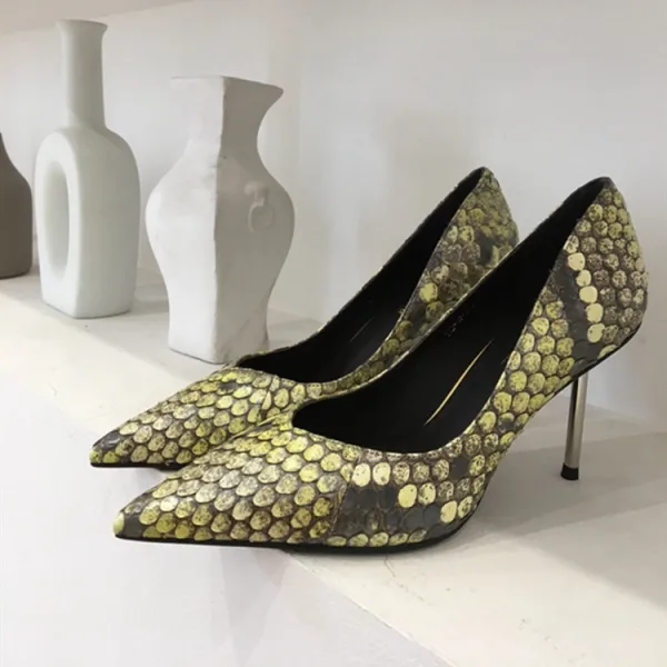 Fashion Yellow Evening Party Fish Scales Pumps 2020 Leather 8 cm Stiletto Heels Pointed Toe Pumps