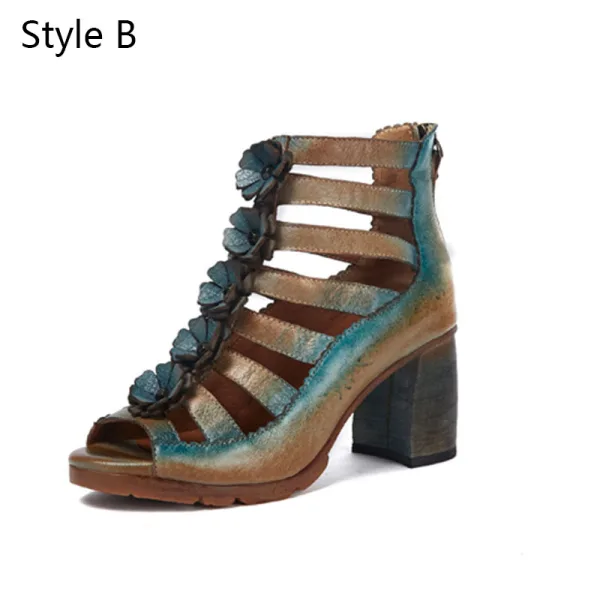 Vintage / Originale Ethnique Été Violet Vêtement de rue Sandales Femme 2020 Cuir Fleur 6 cm Talons Épais Peep Toes / Bout Ouvert Sandales