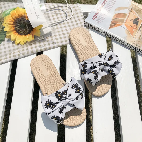 Mode Abordable Été Noire Plage Pantoufle & Tongs 2020 Fleur Plat Peep Toes / Bout Ouvert Chaussures Femmes