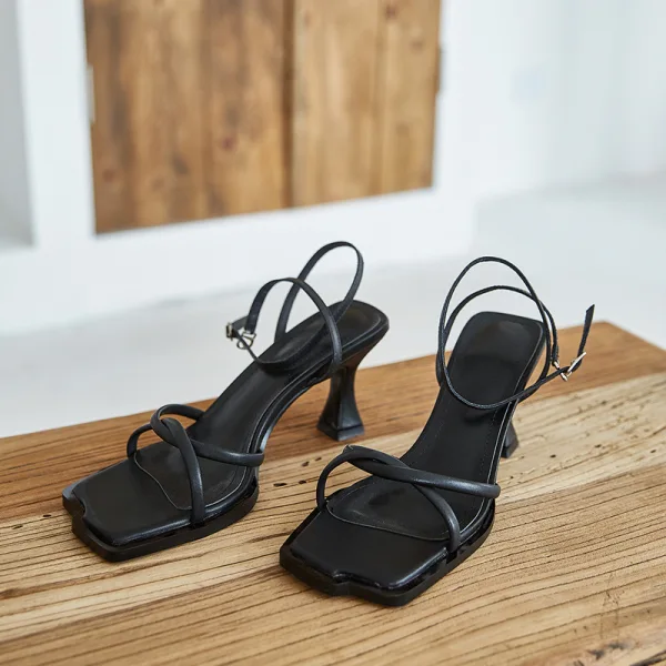 Schlicht Sommer Freizeit Beige Sandalen Damen 2020 Leder Knöchelriemen 7 cm Stilettos Peeptoes Sandaletten
