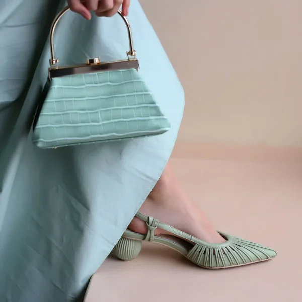 Simple Été Slingbacks Vert Cendré Désinvolte Sandales Femme 2020 Cuir 4 cm Talon Bas À Bout Pointu Sandales