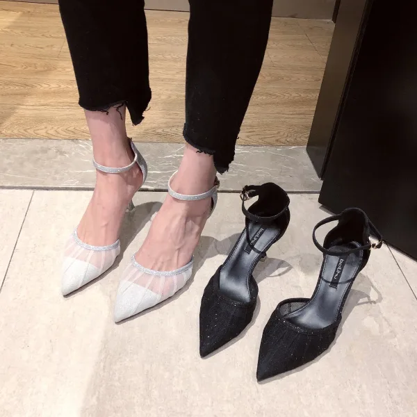 Charmant Argenté Glitter Paillettes Soirée Sandales Femme 2020 Bride Cheville 7 cm Talons Aiguilles À Bout Pointu Sandales