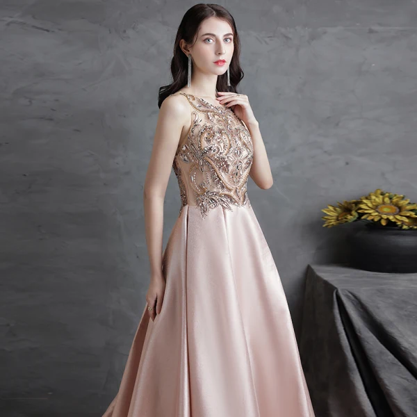 Elegant Champagne Satin Evening Dresses 2021 A-Line Princess Scoop Neck Beading Sequins