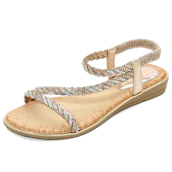 Bohême Charmant Été Argenté Plage Sandales Femme 2020 Faux Diamant Peep Toes / Bout Ouvert Plate Sandales