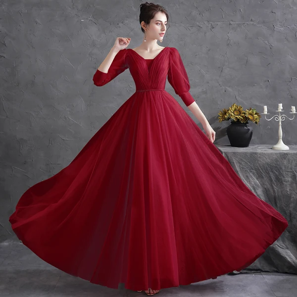 Chic / Beautiful Burgundy Prom Dresses 2021 A-Line / Princess V-Neck 3/4 Sleeve Sash Floor-Length / Long Prom Formal Dresses
