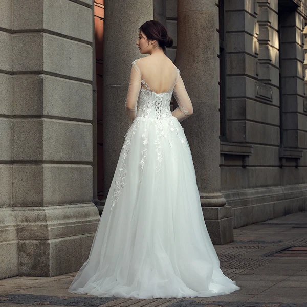 Chic / Belle Ivoire Robe De Mariée 2018 Princesse Appliques Encolure Dégagée Dos Nu Manches Longues Longue Mariage