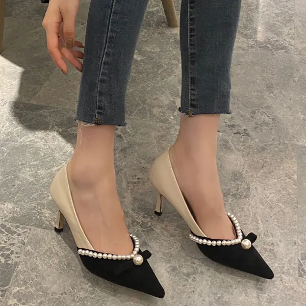 Elegante Beige Abend Perle Pumps 2021 7 cm Stilettos Spitzschuh Pumps Hochhackige