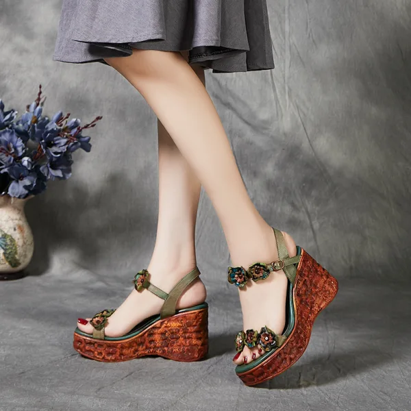 Vintage / Retro Clover Green Street Wear Womens Sandals 2020 Leather Flower 7 cm Wedges Open / Peep Toe Sandals