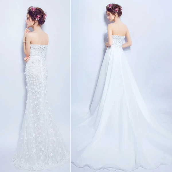 Sexy White Wedding Dresses 2018 Trumpet / Mermaid Appliques Pearl Sash Strapless Backless Sleeveless Detachable Court Train Wedding