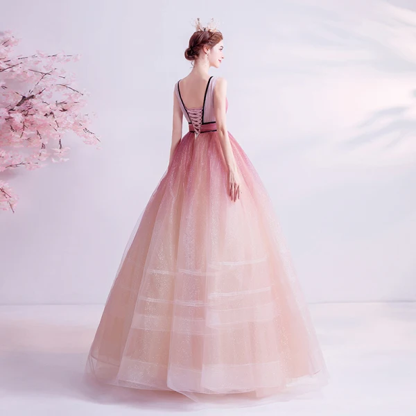 Charmant Farbverlauf Pink Ballkleider 2020 Ballkleid V-Ausschnitt Glanz Pailletten Ärmellos Rückenfreies Lange Festliche Kleider