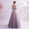 Charming Glitter Purple Evening Dresses  2020 A-Line / Princess V-Neck Beading Pearl Lace Flower Sleeveless Backless Floor-Length / Long Formal Dresses