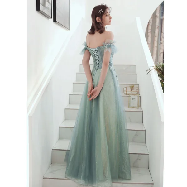 Elegant Sage Green Evening Dresses  2020 A-Line / Princess Off-The-Shoulder Beading Sequins Appliques Short Sleeve Backless Floor-Length / Long Formal Dresses
