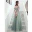 Elegant Sage Green Evening Dresses  2020 A-Line / Princess Off-The-Shoulder Beading Sequins Appliques Short Sleeve Backless Floor-Length / Long Formal Dresses