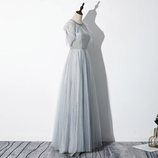 Élégant Gris Robe De Soirée 2020 Princesse Encolure Dégagée Perlage Glitter Paillettes Sans Manches Dos Nu Longue Robe De Ceremonie