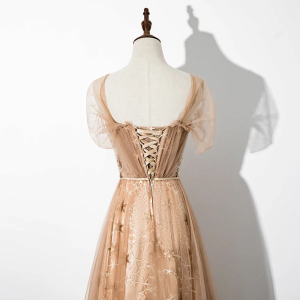 Élégant Champagne Robe De Soirée 2020 Princesse Encolure Carrée Étoile En Dentelle Paillettes Manches Courtes Dos Nu Longue Robe De Ceremonie