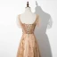 Élégant Champagne Robe De Soirée 2020 Princesse Encolure Carrée Étoile En Dentelle Paillettes Manches Courtes Dos Nu Longue Robe De Ceremonie