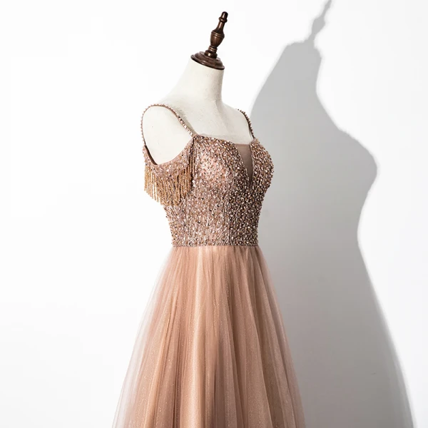 Charmant Champagne Robe De Soirée 2020 Princesse Bretelles Spaghetti Perlage Perle Paillettes Sans Manches Dos Nu Longue Robe De Ceremonie