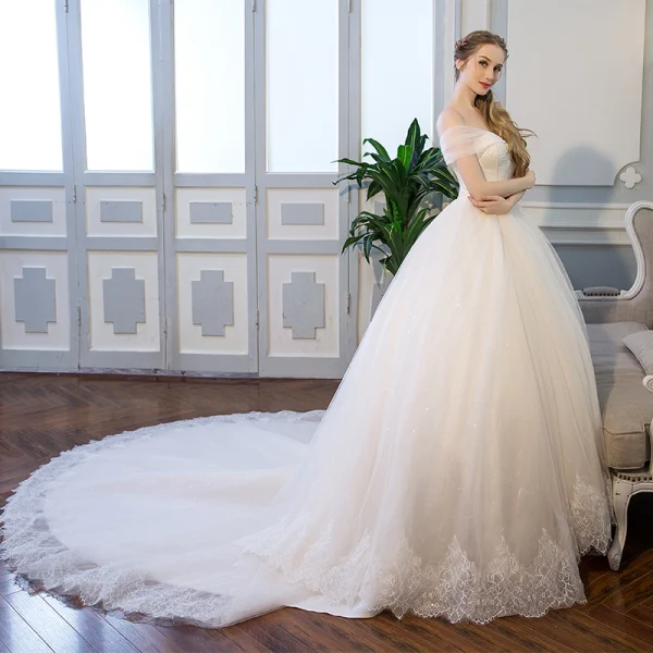 Elegant Ivory Wedding Dresses 2018 Ball Gown Appliques Lace Crystal Off-The-Shoulder Backless Sleeveless Cathedral Train Wedding