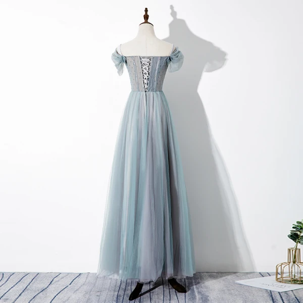 Chic / Beautiful Jade Green Evening Dresses 2020 A-Line / Princess Off-The-Shoulder Beading Sequins Lace Flower Short Sleeve Backless Floor-Length / Long Formal Dresses
