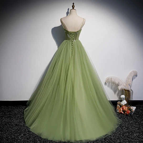 Elegant Clover Green Ruffle Prom Dresses 2020 A-Line / Princess Spaghetti Straps Pearl Sleeveless Backless Floor-Length / Long Formal Dresses