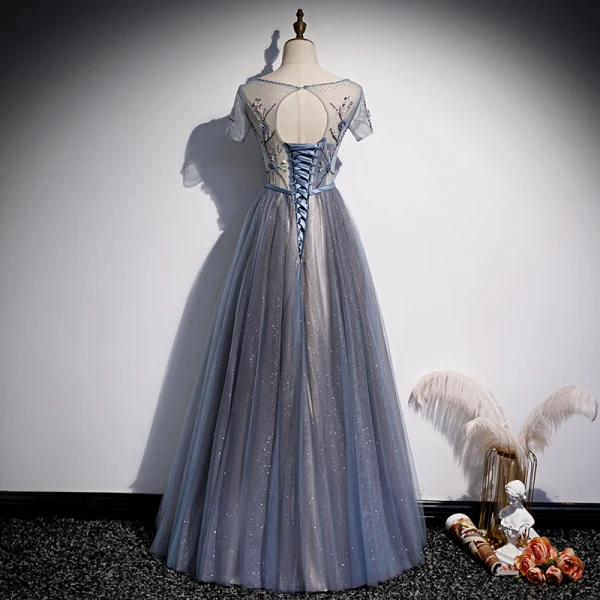 Chic / Beautiful Ocean Blue Evening Dresses 2020 A-Line / Princess Beading Lace Flower Sequins Scoop Neck Short Sleeve Backless Floor-Length / Long Formal Dresses