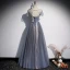 Chic / Beautiful Ocean Blue Evening Dresses  2020 A-Line / Princess Beading Lace Flower Sequins Scoop Neck Short Sleeve Backless Floor-Length / Long Formal Dresses