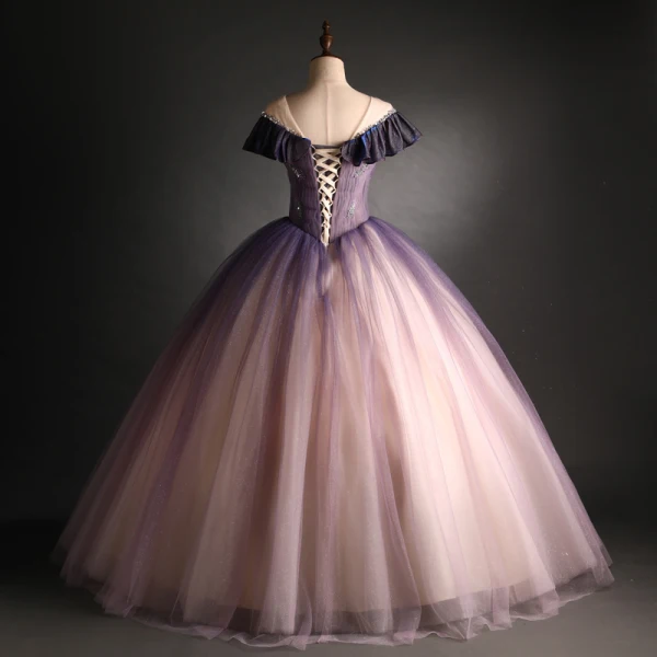 Elegant Gradient-Color Purple Glitter Prom Dresses 2021 Ball Gown Scoop Neck Beading Sequins Short Sleeve Backless Floor-Length / Long Prom Formal Dresses
