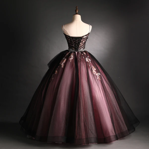 Elegant Black Red Prom Dresses 2021 Ball Gown Spaghetti Straps Beading Pearl Sequins Lace Flower Sleeveless Backless Floor-Length / Long Formal Dresses