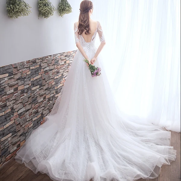 Chic / Beautiful White Wedding Dresses 2018 A-Line / Princess Appliques Lace Scoop Neck Backless 1/2 Sleeves Court Train Wedding