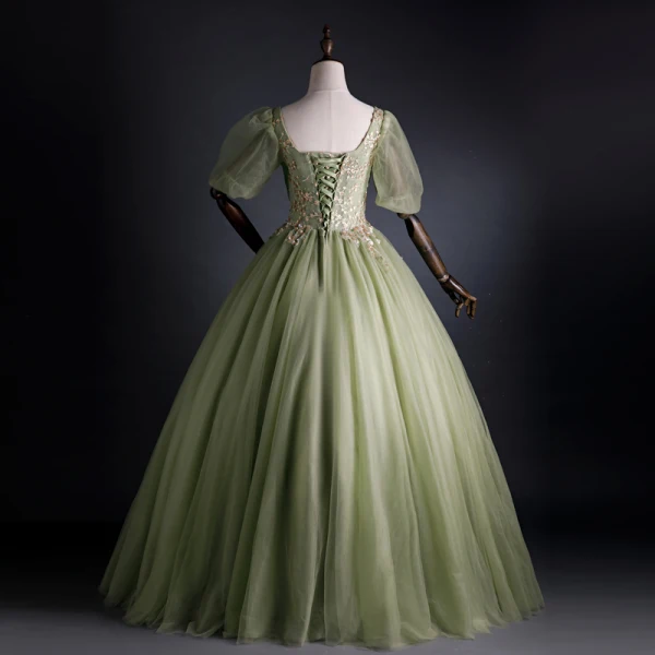 Elegant Sage Green Prom Dresses 2021 Ball Gown Square Neckline Pearl Sequins Lace Flower Short Sleeve Backless Floor-Length / Long Prom Formal Dresses