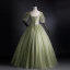 Elegant Sage Green Prom Dresses 2021 Ball Gown Square Neckline Pearl Sequins Lace Flower Short Sleeve Backless Floor-Length / Long Prom Formal Dresses