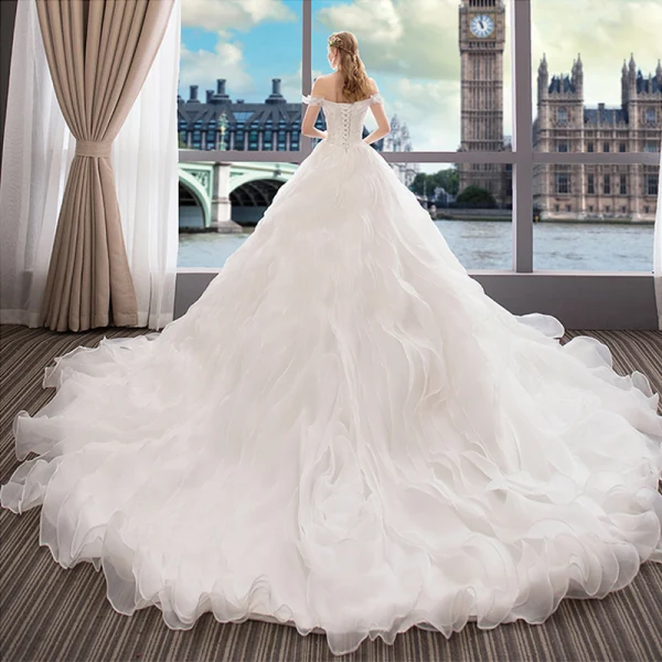 Elegant Ivory Wedding Dresses 2018 Ball Gown Lace Cascading Ruffles Off-The-Shoulder Backless Sleeveless Royal Train Wedding