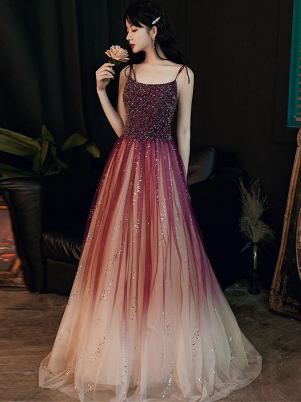 Charmant Bordeaux Robe De Soirée 2020 Princesse Bretelles Spaghetti Perlage Paillettes Sans Manches Dos Nu Longue Robe De Ceremonie