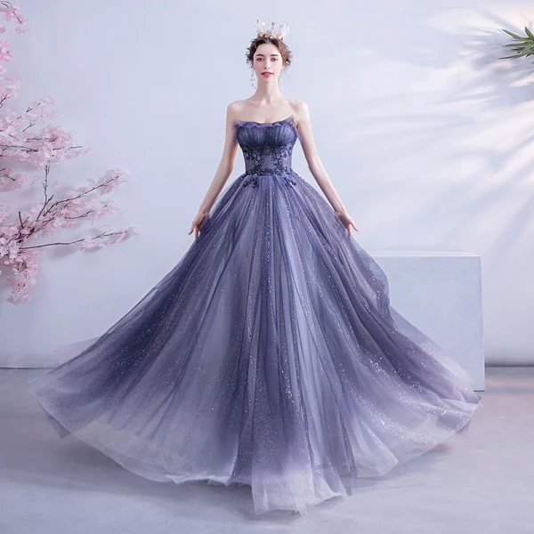 Charmant Marineblau Abendkleider 2020 A Linie Bandeau Perlenstickerei Pailletten Ärmellos Rückenfreies Lange Festliche Kleider