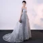 Glitzernden Grau Abendkleider 2018 A Linie Glanz Pailletten Off Shoulder Rückenfreies Ärmellos Sweep / Pinsel Zug Festliche Kleider
