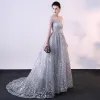 Sparkly Grey Evening Dresses  2018 A-Line / Princess Glitter Sequins Off-The-Shoulder Backless Sleeveless Sweep Train Formal Dresses