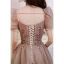 Fashion Glitter Blushing Pink Prom Dresses 2021 A-Line / Princess Square Neckline Beading Appliques Sequins Short Sleeve Backless Floor-Length / Long Formal Dresses