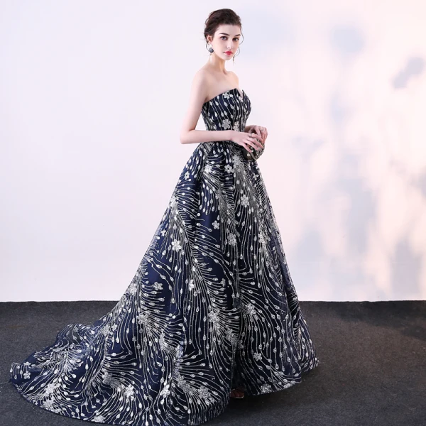 Glitzernden Marineblau Festliche Kleider 2018 Ballkleid Glanz Pailletten Bandeau Rückenfreies Ärmellos Hof-Schleppe Abendkleider